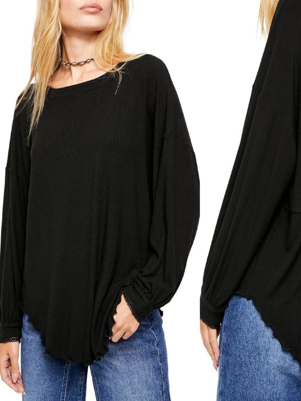 Free People Black Long Sleeve Open Back Shimmy Shake Top